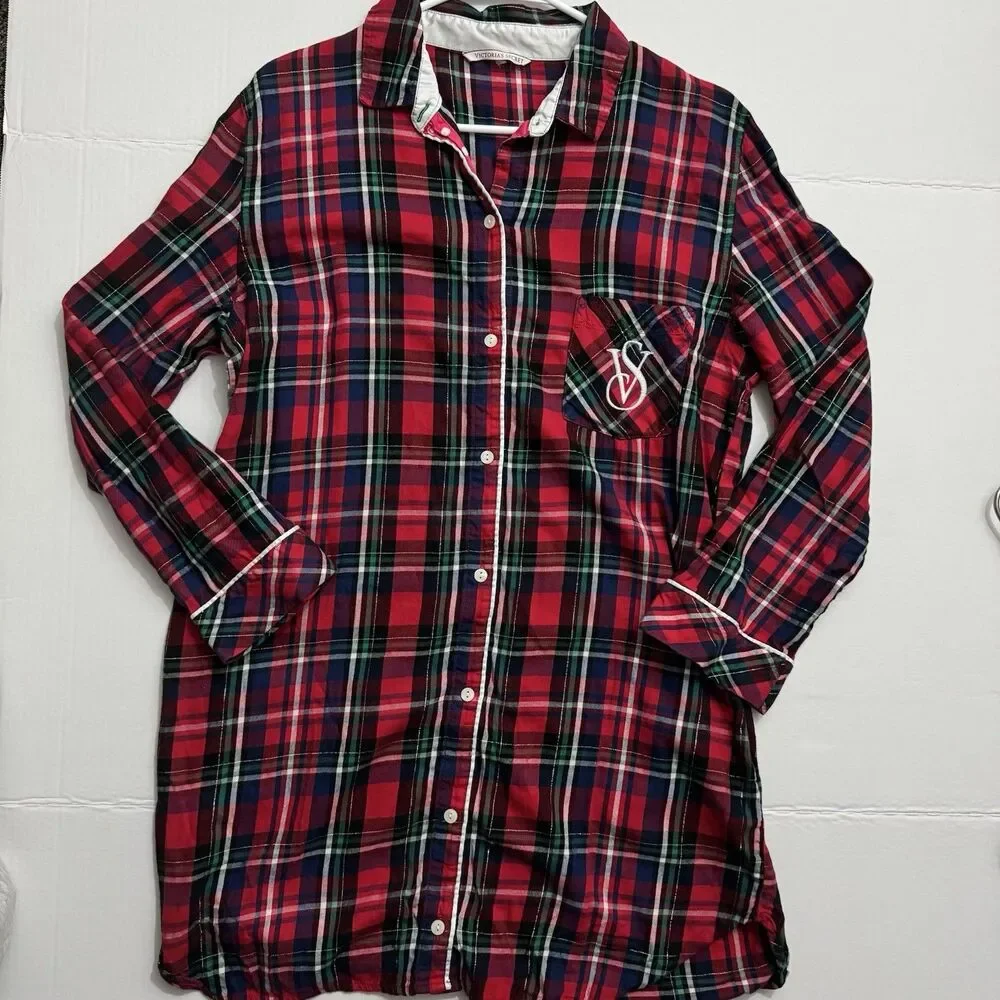 Victoria's Secret Plaid Flannel Sleep Shirt Button Down Nightgown Red Tartan